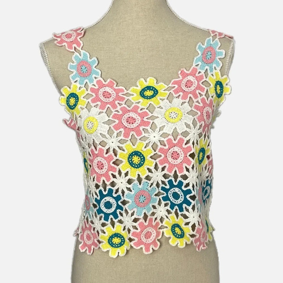 SHEIN Crochet Floral Tank Top Multi Coloured Size 4 Beach Boho Festival - Picture 8 of 8